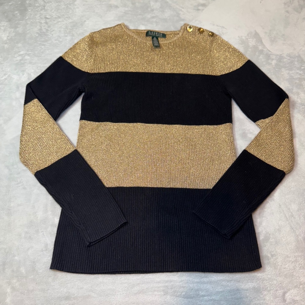Lauren by Ralph Lauren Women's Striped Metallic Knit Sweater Gold Black Size M